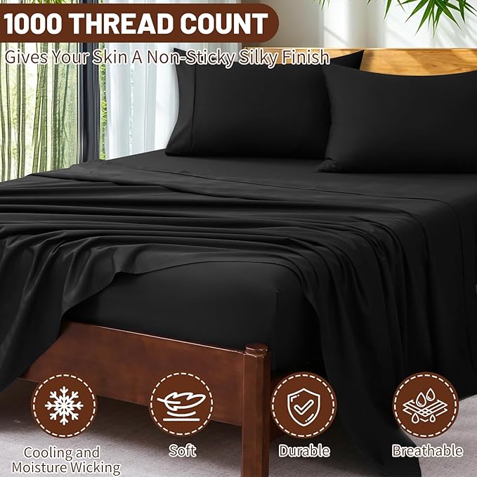 Extra Deep Pocket Queen Sheets 18-24 Inch 100% Egyptian Cotton 1000 Thread Count Sateen Weave Soft Breathable 4 Pieces(Queen,Black)