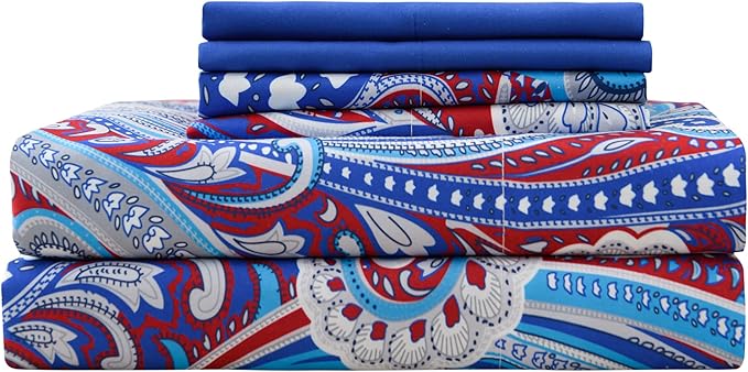 Twin Size Bed Sheets Set Deep Pockets - 6PC Floral Ultra Soft Microfiber Bed Sheets - Easy to Clean, 90 Thread Count Sheets with Fitted Sheet, Flat Sheet & Pillowcases (Navy Medallion)