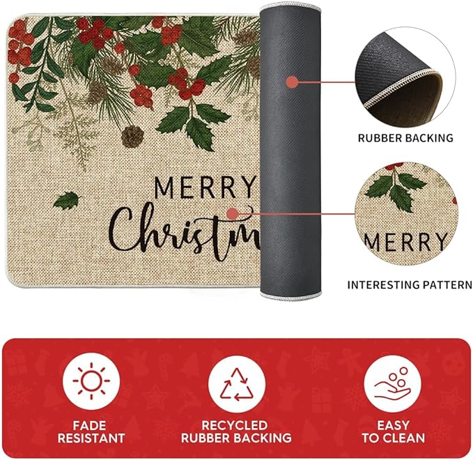 Artoid Mode Leaves Holly Merry Christmas Kitchen Mats Set of 2, Winter Home Decor Low-Profile Kitchen Rugs for Floor - 24"x36"+24"x59"+24"x72"
