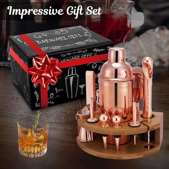 Bartender Kit with Bamboo Stand, 12 Piece 25oz Cocktail Shaker Set with All Essential Bar Tools Set for Drink Mixing, Ideal Gifts for Cocktail Lovers, Home Bar Bartending Kit with Cocktail Recipes