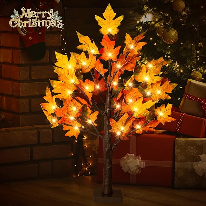 2FT Lighted Maple Tree- Fall Artificial Tree Thanksgiving Decor Tabletop Lamp with 36 LED Lights, Autumn Maple Leaves, 6 Acorns, 6-Hours Timer Function, Battery Operated for Indoor Home