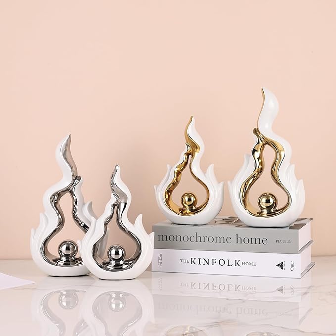2 Pcs White and Gold Ceramic Sculptures for Home Decor, Modern Abstract Art Statues, Centerpieces for Dining Room Table, Living Room, Shelf, Mantel, Coffee Table, Entryway Accent Decorations