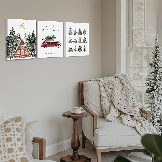 DSHFG Vintage Christmas Wall Gifts for Women Housewarming, Rustic Wall Art Canvas Framed Set of 3, Farmhouse Christmas House Trees Car Wall Decor for Home Living Room Bedroom, 14x11 Inch