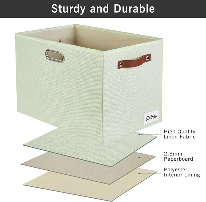 3-Pack Foldable Fabric Storage Bins with Durable PU & Metal Handles, Collapsible Storage Baskets for Shelves, Home Storage, Closet Organizers, Living Room(17"x11.8"x11.8", Sage Green)