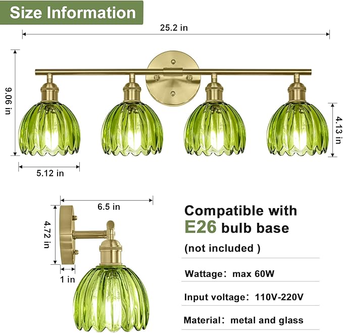 Vintage Bathroom Light Fixtures,4-Light Hardwired Vanity Lights Over Mirror,Gold Wall Sconces with Green Tulip Glass Shade for Bathroom Living Room,E26 Socket(Bulbs Not Included)