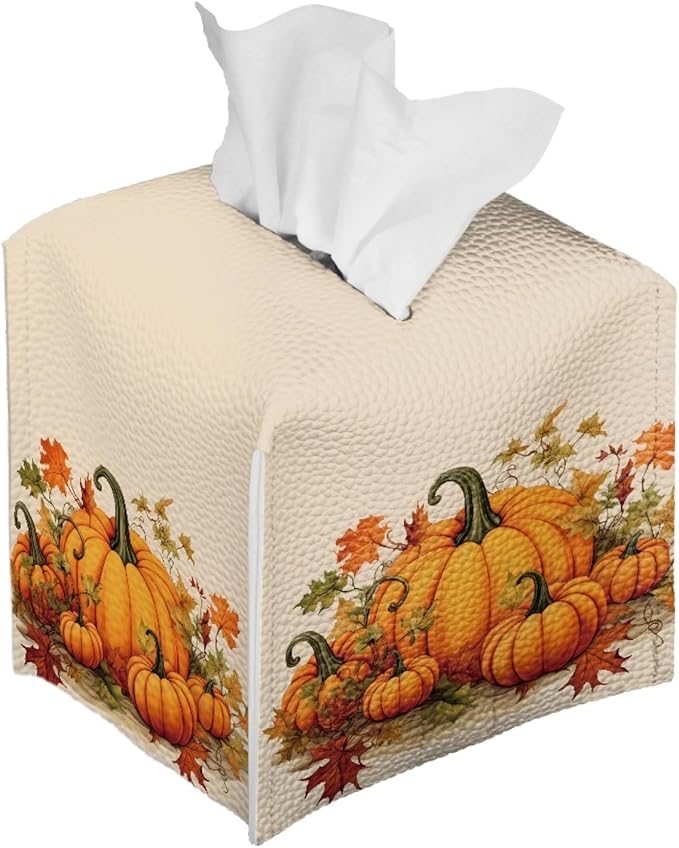 Pumpkin Maple Leaf Square Tissue Box Cover Thanksgiving Desk Decor for Home Office Car, Pu Leather Tissues Cube Boxes Holder Bedroom/Bathroom/Kitchen Facial Napkin Holder Storage