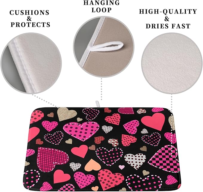 Happy Valentine's Day Kitchen Drying Mats for Dishes 18x24 Inch Love Heart Dish Drying Mat Black Pink Polka Dots Dish Drainer Mat Super Absorbent Dish Rack Pad for Coffee Bar Sinks