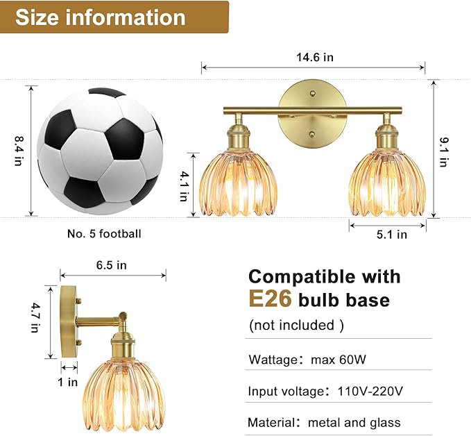 Vintage Bathroom Light Fixtures,2-Light Hardwired Vanity Lights Over Mirror,Gold Wall Sconces with Amber Tulip Glass Shade for Bathroom Living Room,E26 Socket(Bulbs Not Included)