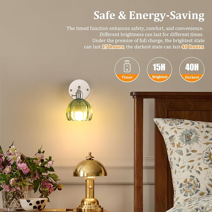 Battery Operated Wall Sconce with Cute Green Tulip Glass Lampshade Rechargeable Wireless Wall Light with Remote Control for Bedside Bedroom Doorway, Silver, Set of 2