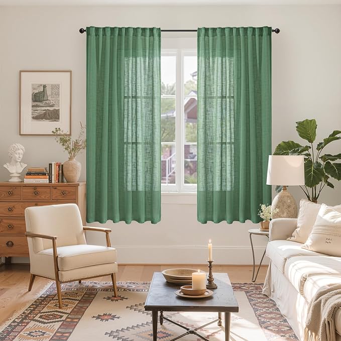 YoungsTex Green Linen Semi Sheer Curtains 63 Inch Length for Living Room 2 Panels, Light Filtering Window Drapes Rustic Textured with Rod Pocket Back Tab for Bedroom, 52 X 63 Inch