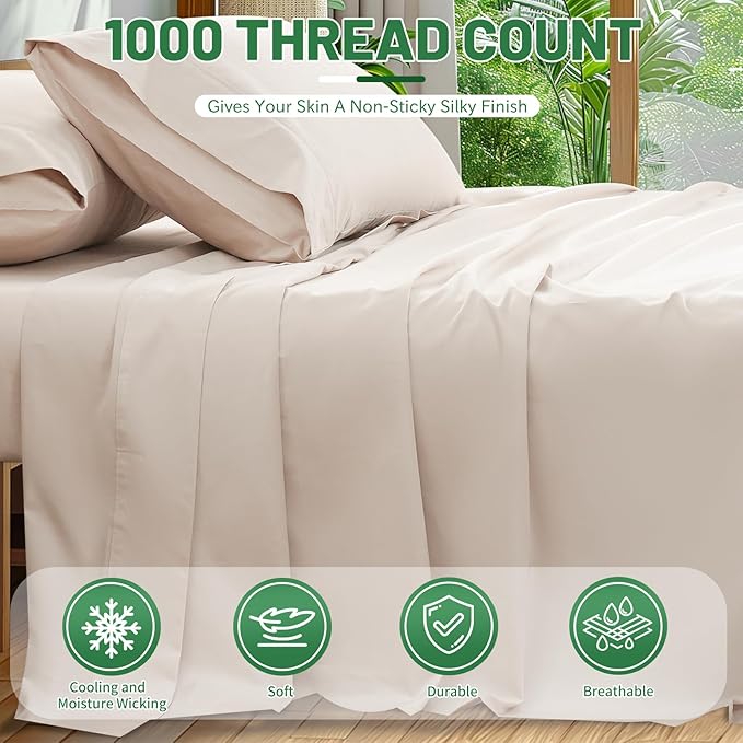 Egyptian Cotton Sheets Full Size 4PCS 1000 Thread Count Sateen Weave Soft Breathable 16-Inch Deep Pocket (Full,Linen)