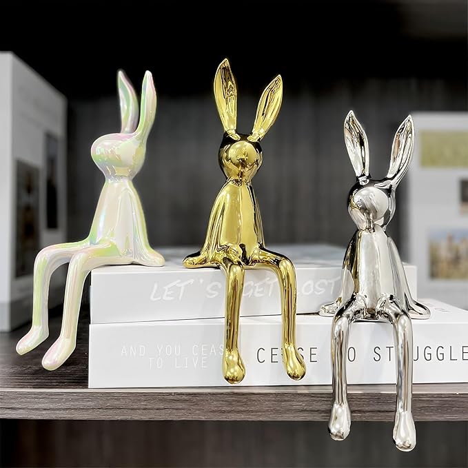 3-Piece Rabbit Decor Sculptures - Home, Office, Living Room, Bedroom - Accents, Decorations, Figurines - Small Statues for Bookshelf, Desk - Ideal Gifts (Gold, Silver, White)