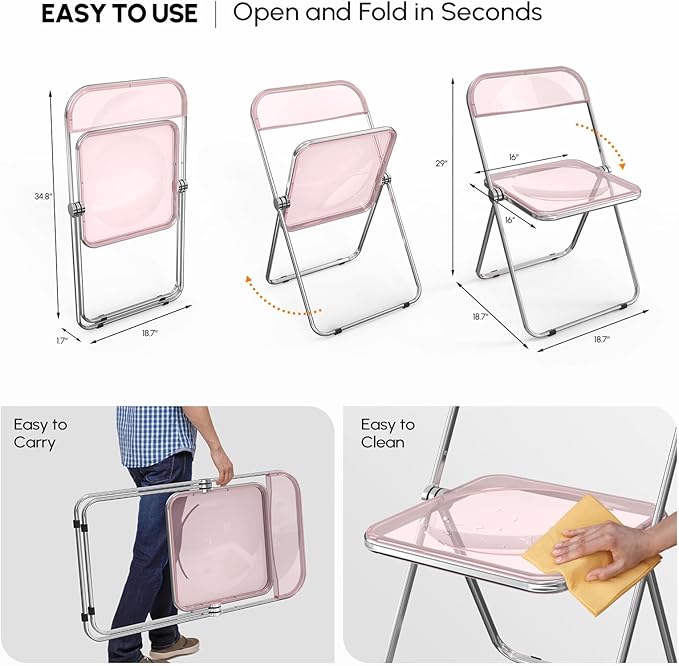 VINGLI Acrylic Folding Chairs 2 Pack, Clear Chair Foldable and Stackable, Plastic Panel & Metal Chrome Frame, Weight Capacity 350 lbs, Pink