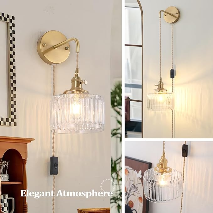 Vintage Wall Sconce Wall Lamp with Clear Striped Glass Shade Hanging Wall Sconce with 4.9FT Plug in Cord, Modern Wall Lamp Fixtures Decor for Bedside Bedroom Indoor Doorway