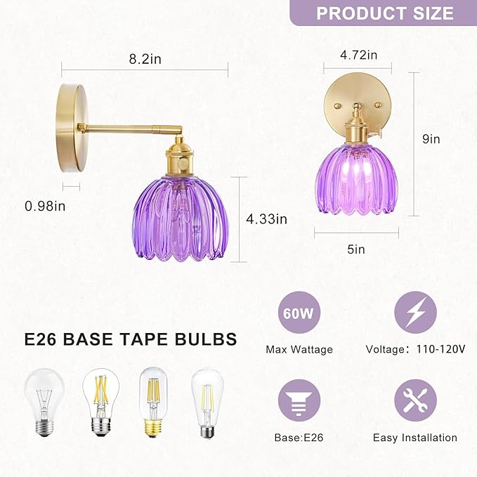 Wall Sconces Set of Two Hardwired, Vintage Sconce Light with Tulip Purple Glass Lampshade, Bathroom Wall Lights with Switch, Gold Wall Light Sconces Wall Decor Set of 2