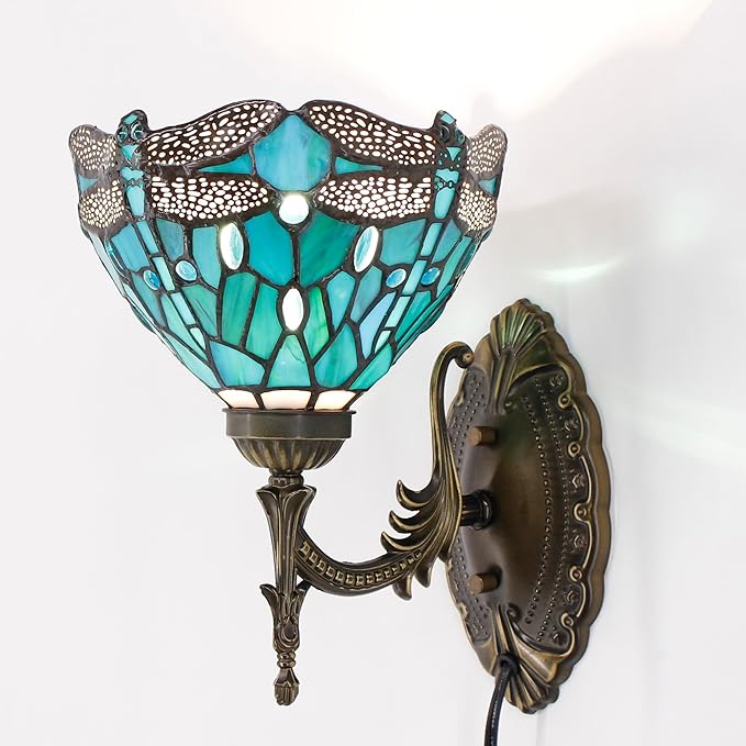 Tiffany Wall Sconce Lamp Blue Stained Glass Flower Style 8X10.5X11 Inch Plug in Wall Bedside Light for Hallway Bedroom (Green Blue Dragonfly Style)