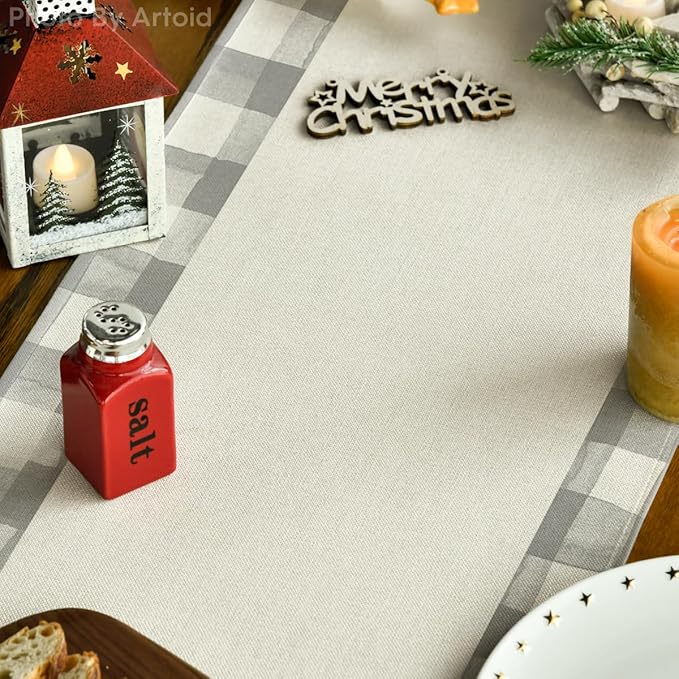 Artoid Mode Waterclor Grey Buffalo Plaid Christmas Trees Merry Xmas Table Runner, Seasonal Winter Holiday Kitchen Dining Table Decoration for Indoor Outdoor Home Party Decor 13 x 120 Inch