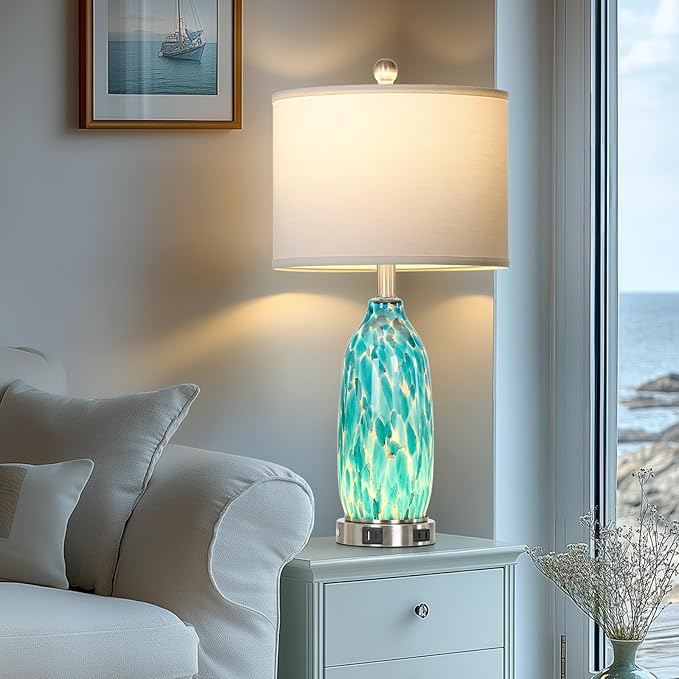 26" Peacock Green Glass Table Lamps Set of 2,Coastal Nautical Bedside Lamps with USB Ports & AC Outlet,Lamparas Elegantes para Cuarto with Night Light for Bedroom Living Room Decoration