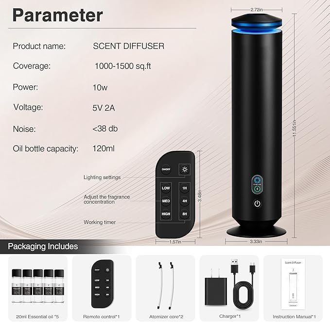 Waterless Scent Diffuser Starter Kit - 1500 Sq Ft Coverage, Scent Diffuser for Home, Hotel, Studio, Essential Oil Diffuser Large Room, 7 Mood Lights Setting, 5 Essential Oils Included, Black, 11.50In