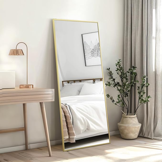 56"x18" Gold Full Length Mirror, Free Standing Mirror Full Length Made of Tempered Glass, Gold Floor Mirror for Bedroom Living Room Gym Dorm