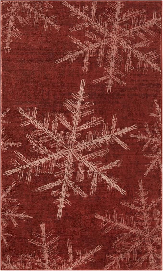 Lahome Christmas Washable Area Rugs, 3x5 Snowflake Entryway Rugs Indoor Non Slip Washable Red Rugs for Bedroom Holiday Decor, Soft Ultra-Thin Carpet for Living Room Kitchen Bathroom(3'x 5',Red)