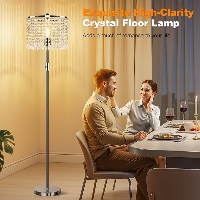 【Upgraded】 Floor Lamps for Living Room, 1000LM LED Bulb Included, Dimmable Standing Lamp with Crystal Lampshade, Tall Silver Pole Light for Bedroom Nursery Office Corner Reading