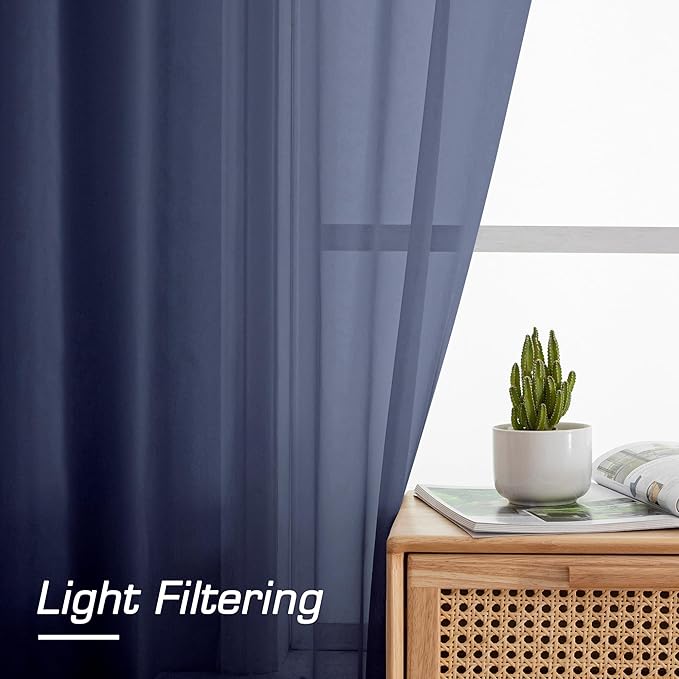 Aiyufeng Sheer Navy Blue Curtains 84 inch Length 2 Panels Set, Airy Soft-Touching Rod Pocket Voile Drapes for Living Room/Bedroom, Each 40W x 84L
