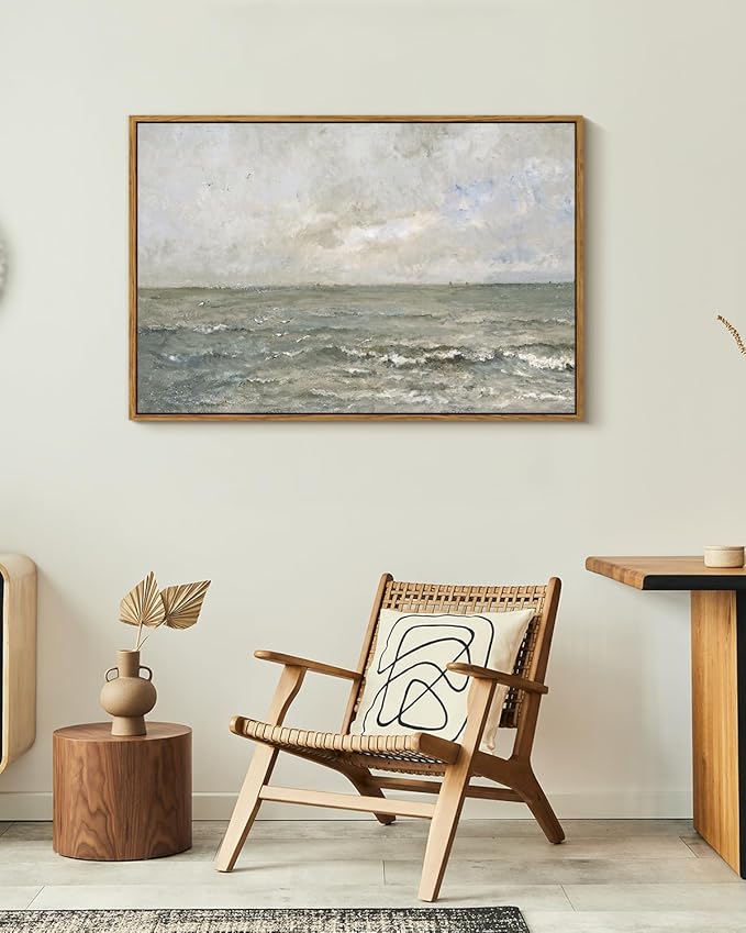 VIYYIEA Ocean Landscape Large Framed Wall Art, Seascape Vintage Paintings Art Decor Aesthetic, Canvas Print Artwork, Calming Sea Wall Pictures for Bedroom Bathroom Office, 24x36 Inch