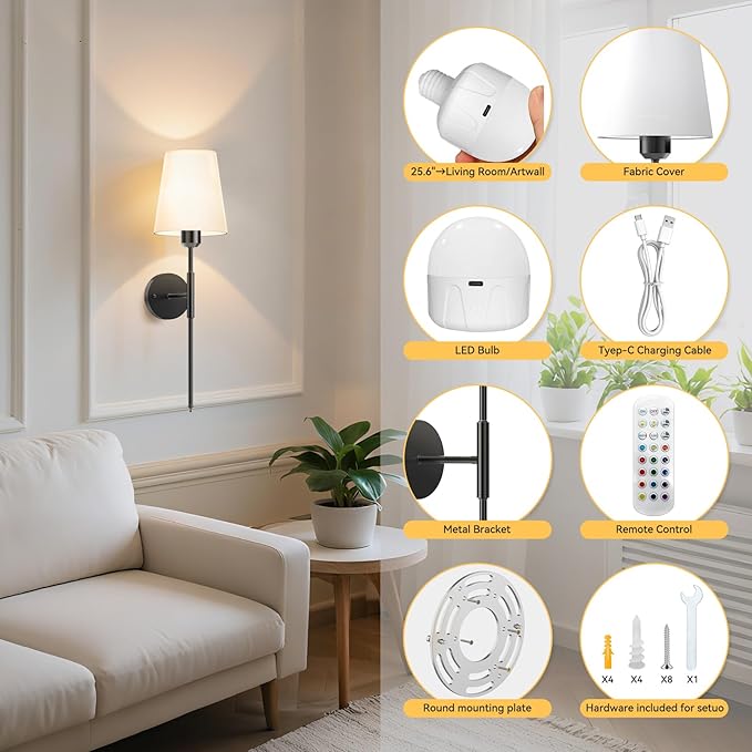 24 inch Battery Operated Wall Sconces Set of 2, Wireless Wall Lights with Rechargeable Bulbs & Remote, 15 Colors & Dimmable, Battery Powered Wall Lights for Bedroom, Living Room, Hallway, Black