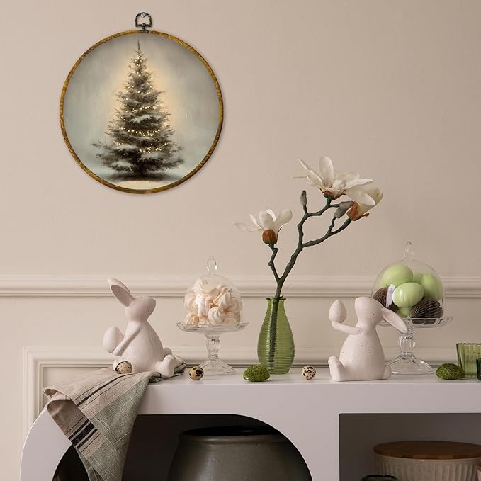 QZQE Vintage Christmas Tree Round Wall Art Decor Framed, Winter Xmas Tree Circle Canvas Prints, Rustic Cozy Winter Cottagecore Circular Wall Hanging Decor for Home Bedroom Living Room, 10x10 Inch