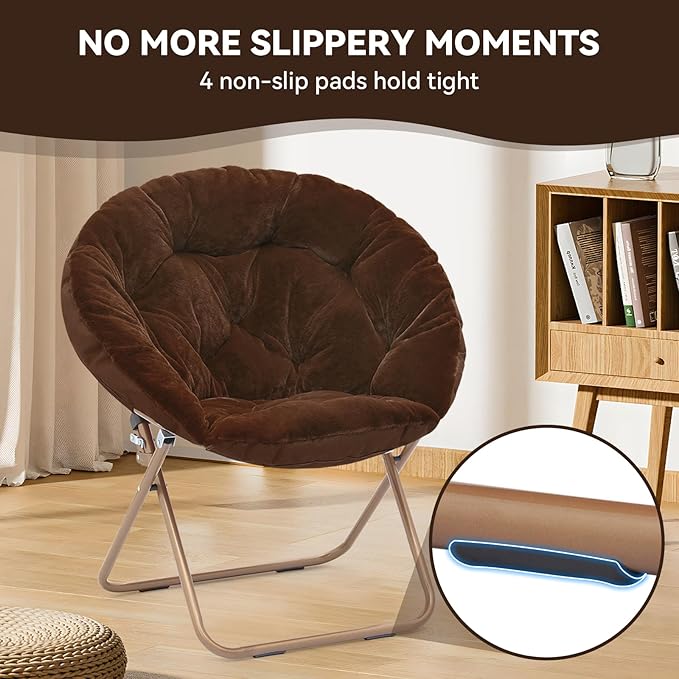 Magshion Saucer Chair for Adults, Comfy Living Room Lounge Chair for Bedroom Corner, Dorm, Apartment, Faux Fur Fluffy Circle Accent Seat with Thick Padded & Folding Metal Frame (Brown, Set of 2)