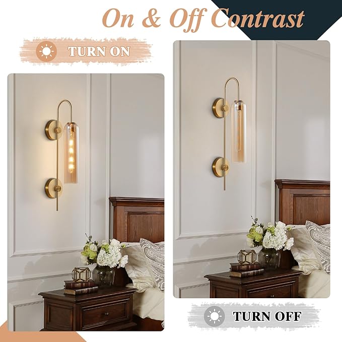 BOKT 1 Light Modern Amber Glass Wall Sconce 31" Mid Century Brushed Brass Tube Wall Sconces Lighting Gold Wall Mounted Light Fixture Indoor Bathroom Vanity Wall Lamp for Bedroom Living Room (Amber)