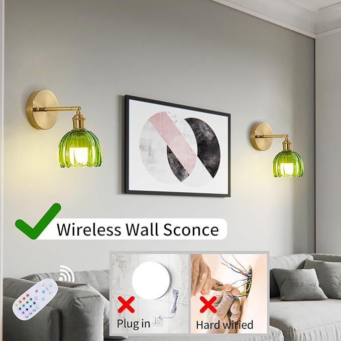 Vintage Battery Operated Wall Sconce 2 Pack, Green Tulip Glass Shade Gold Wall Lamp with 12 Inch Cable Switch, Modern Bathroom Wall Sconces Set of Two for Bedroom Corner Hallway