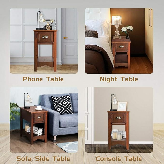 Giantex End Table with Drawer Set of 2, Retro Narrow Side Table, Nightstand with Solid Wood & Storage Shelf, Bedside Table for Living Room Bedroom Small Space Home Office (2, Walnut)