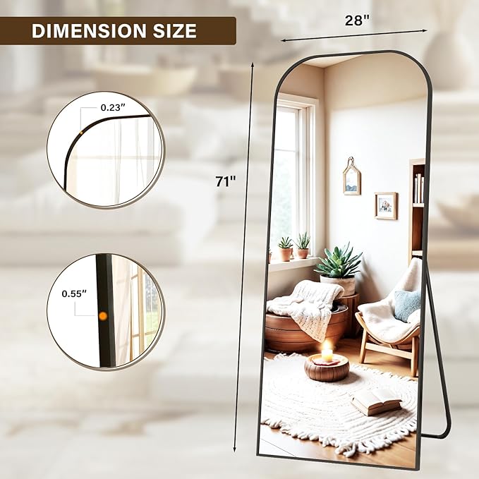 Full Length Mirror, 71"x28" Floor Mirror Freestanding, Arched Floor Standing Large Mirror Full Body Mirrors with Stand for Bedroom, Hanging Mounted Mirrors for Living Room,Black