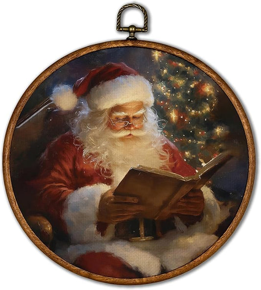 KSDUT Vintage Christmas Wall Decor Art - Retro Santa Claus Wall Art Canvas Frame Hanging Prints, Merry Christmas Xmas Holiday Round Wall Art Decor for Home Farmhouse Decorations 10"x10"