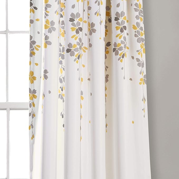 Lush Decor Weeping Flower Light Filtering Window Curtain Panels, Pair, 52"W x 84"L + 2" Header, Yellow & Gray - Charming Modern Floral Curtains for Living Room, Dining Room, & Bedroom