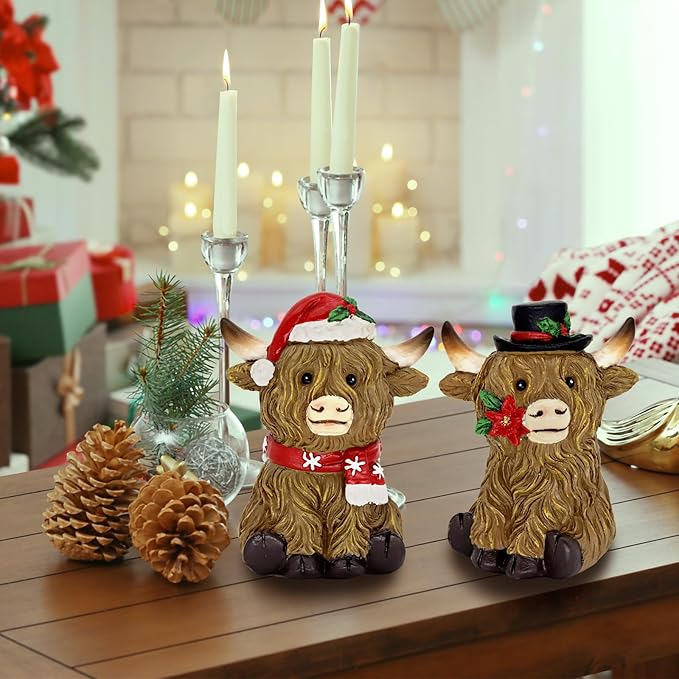 CRCZK Christmas Highland Cow Figurines Decorations for Home, Christmas Indoor Decor - Resin Farmhouse Highland Cow Decor for Christmas Table Mantle Display idea
