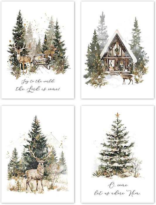 TLESKE Winter Deer Reindeer Christmas Carols Posters Prints Unframed Set of 4, Vintage Christmas Tree Wall Art Prints Decor for Living Room Bedroom, Joy to the World Wall Pictures, 12x16