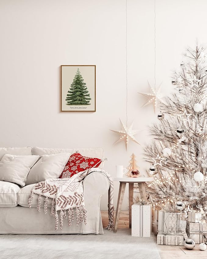VIYYIEA Framed Canvas Wall Art, Vintage Christmas Decor, Living Room Botanical Fir Pine Tree Winter Decor for Bedroom Bathroom, Xmas Holiday Decorations Gifts, 12x16 Inch