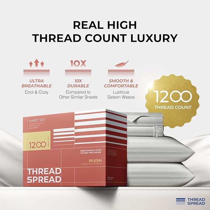 THREAD SPREAD 100% Egyptian Cotton Sheets Queen Size - 1200 Thread Count 4 PC Damask Sheet Set Egyptian Cotton, Sateen Luxury Sheet Queen Size, Soft Sateen Sheets, 17" Deep Pocket - Silver Stripe