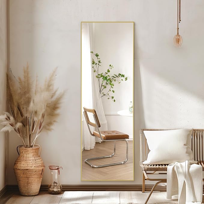 56"x18" Gold Full Length Mirror, Free Standing Mirror Full Length Made of Tempered Glass, Gold Floor Mirror for Bedroom Living Room Gym Dorm