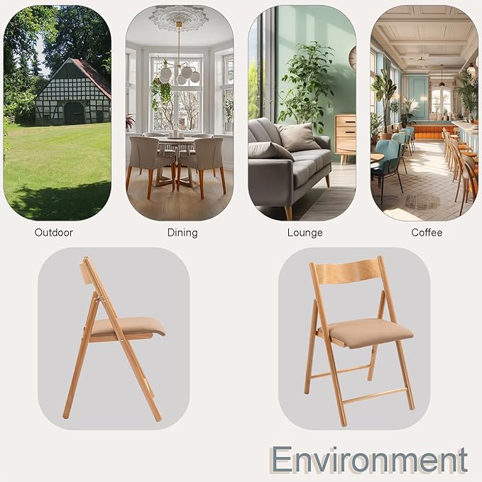 Folding Chairs Set of 2, Wooden Foldable Dining Chairs with Faux Leather Cushion 2-Pack Portable and Stackable Chairs for Dining Kitchen Office Wedding Picnic(Khaki,2Pack)