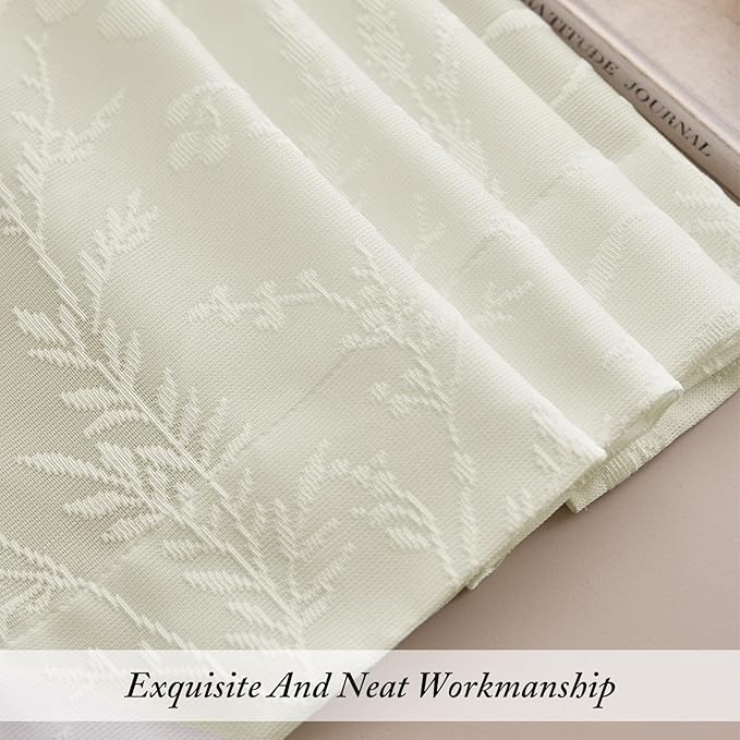 Anmao Cream Semi Sheer Light Filtering Short Curtains 45 Inches Long 2 Panels, Leaf Pattern Drapes for Living Room Bedroom, Rod Pocket Privacy Window Treatments with Floral Design, 52x45 Inch, Ivory