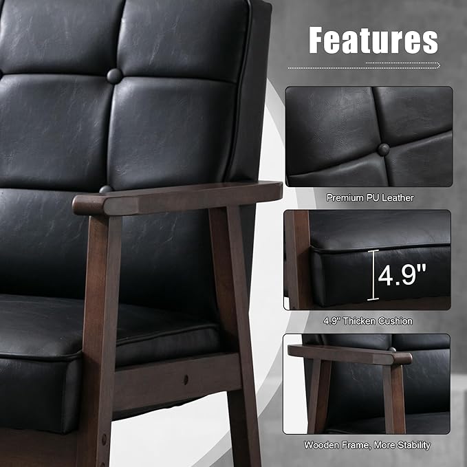 Okeysen Mid Century Modern Accent Chair, Retro Wood and Leather Armchairs Side Chair, Lounge Reading Comfy Arm Chair for Living Room, Bedroom, Office (Matte Black)