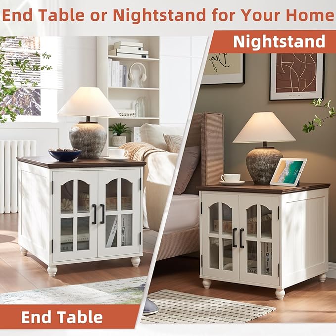 Farmhouse End Table with Charging Station,24" Large Sofa Side Table with Glass Barn Door,Rustic Wood Night Stand with Adjustable Storage Shelf,Square Bedside Table for Living Room,Bedroom Office