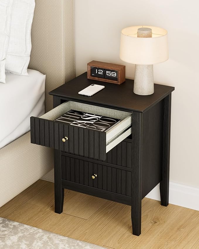 Fluted Nightstand, Farmhouse Night Stand with 3 Drawers, Mid Century Modern Side Accent Table,Bedside End Table for Bedroom, Living Room, Black