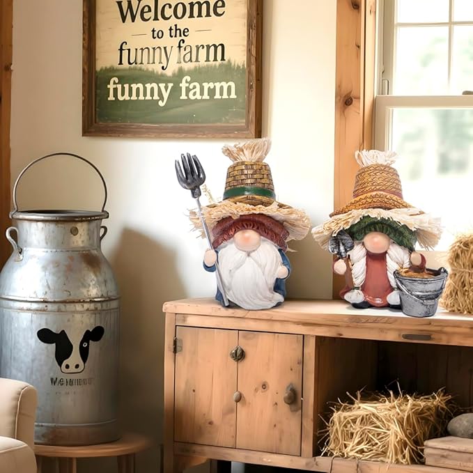 Hodao Fall Scarecrow Farm Gnomes - Couple Figurines with Straw Hats & Farm Tools, Rustic Indoor Outdoor Decor for Home, Porch, Thanksgiving & Harvest Gifts(Green)