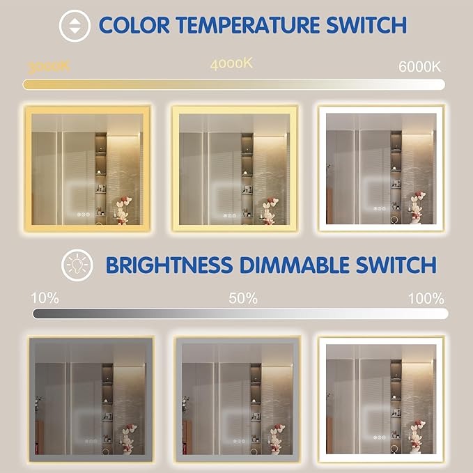 36x36 LED Mirror for Bathroom with Gold Frame, Backlit and Front Lighted Bathroom Mirrors for Wall, Stepless Dimmable Vanity Mirror with Lights, Anti-Fog, Memory,Shatterproof