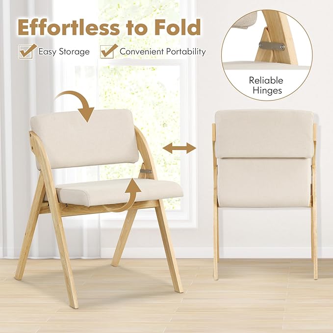 GOFLAME Folding Dining Chairs Set of 2, Upholstered Kitchen Chairs with Padded Seat & Backrest, Modern Side Chairs with Rubber Wood Legs for Home Office Events, Wedding, No Assembly Needed, Natural